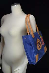 TORY BURCH NWT Mini Ella Logo Tote Blue Nylon Leather Beige Handbag 