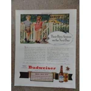 Budweiser Beer,Vintage 40s full page print ad (boy/girl/dog by fence 