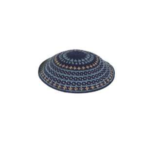   Knitted Kippah with Blue and Brown Geometric Patterns 