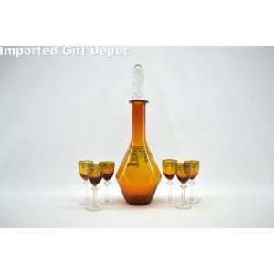   of 6 Cordial Glasses and the liquor bottle in amber