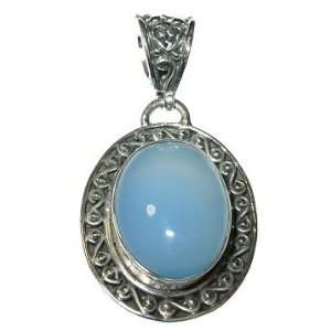 Blue Chalcedony and Sterling Silver Oval Filagree Pendant 