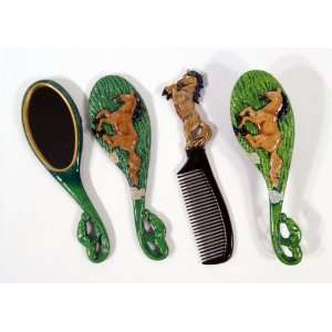  Handpainted Black Mane Horse Hair Brush Mirror Comb Set 