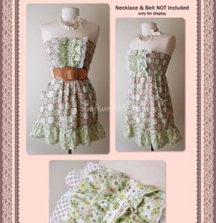 NWT Light Green Floral Quilted Print Lace Trim Bib Strapless Tube 