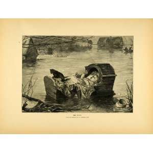  1887 Wood Engraving John Everett Millais Cat Baby Flood 
