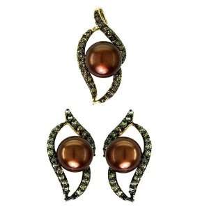   Gold 0.6 cttw Liking The Sea Diamond and Brown Pearl Set Jewelry