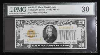 piece type series 1928 $ 20 gold certificate small size