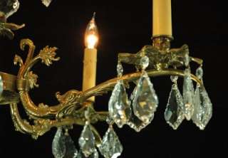 VINTAGE CAST BRASS & CRYSTAL 5 ARM EUROPEAN CHANDELIER  