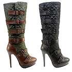WOMENS TALL QUILTED KNEE HIGH HEEL MULTI BUCKLE RIDING BOOTS LADIES 