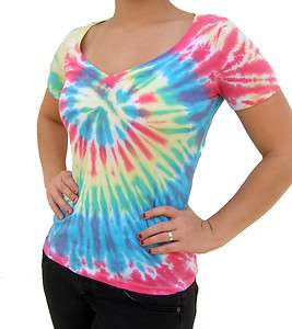 Ladies Deep V Neck Tie Dye Pastel Rainbow Spiral Fitted T Shirt  