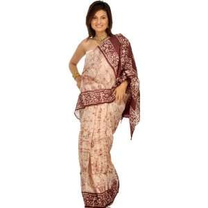   Ivory and Coffee Batik Sari from Kolkata   Pure Silk 