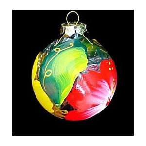  Hibiscus Design   Hand Painted   Heavy Glass Ornament   3 