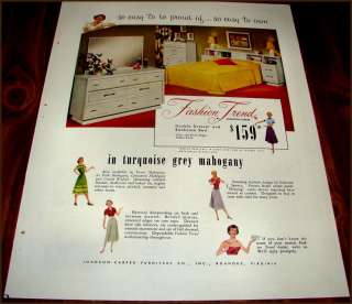 1955 FASHION TREND Turquoise Grey BEDROOM FURNITURE Ad*  