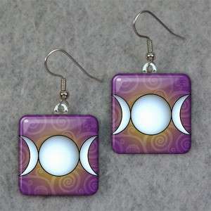 Triple Moon Goddess Wicca Glass Tile Earrings C30  
