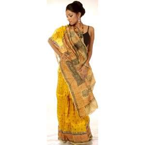    Yellow Block Printed Sari from Kolkata   Pure Silk 