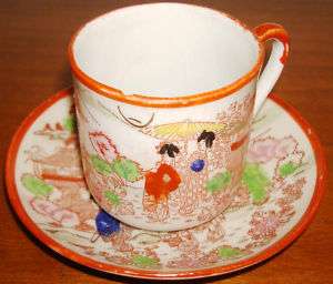 ANTIQUE JAPANESE ART TEA CUP & PLATE CHINA ART GEISHA  