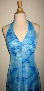 Vtg Hawaiian Blue Poly Jersey Halter MAXI Dress 12  