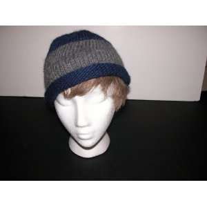    Gray on Blue Rolled Brim Hand Knit Beanie Wool Hat 