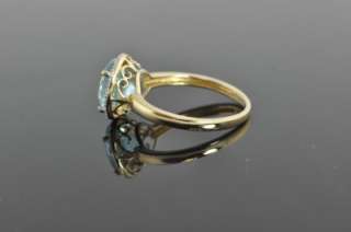   Gold Round Blue Zircon & Diamond Pave Halo Scroll Cocktail Ring Sz 10