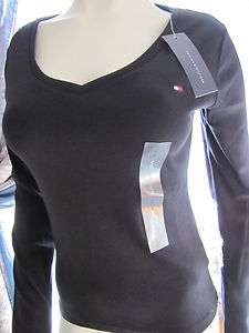 NWT TOMMY HILFIGER FAVORITE LONG SLEEVE V NECK TEE BLACK SMALL $32 