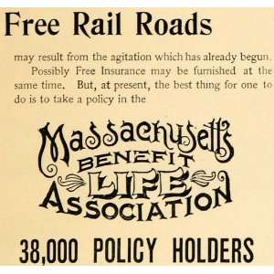 1895 Ad Massachusetts Benefit Life Insurance Agency   Original Print 