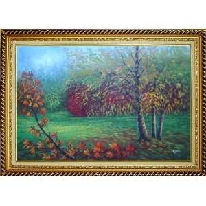  Yellow Trees in Green Field Oil Painting, with Linen Liner Gold Wood 