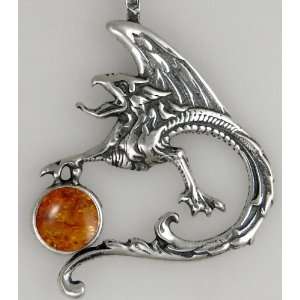   Tattoo Dragon Accented with Genuine Amber The Silver Dragon Jewelry