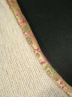 Jill L Cream V neck Patchwork Trim Wool Blend Sweater Knit Top 