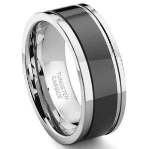 Black Tungsten Carbide Two Tone Wedding Band Ring w/ Grooves Sz 11.5 