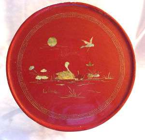   England Papier mache and wood tray red lacquer pearl inlay swans