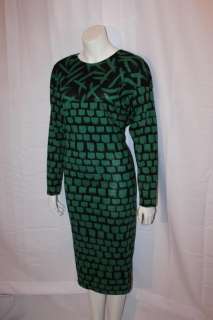 MISSONI Vtg 80s Women Green Brick Design DRESS Sz L  