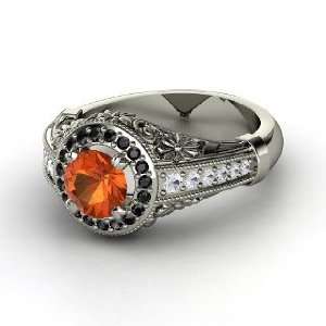 Primrose Ring, Round Fire Opal 14K White Gold Ring with Black Diamond 