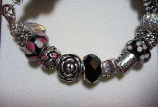   Pandora Bracelet 21 murano beads & charms Live Love Laugh black pink