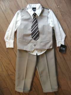 Boys Tan Suit White Shirt Pants Vest Clip Tie 4 Pc Set Formal Size 4 