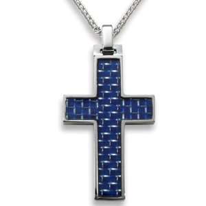  Tungsten Carbide Blue Carbon Fiber Inlay Cross Necklace Jewelry
