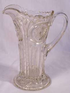 EAPG Glass Pitcher Tankard Sunburst Notched Ribs Trees Early American 