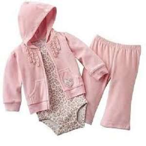 Carters Girls 3 piece Hooded and Zippered Pink Velor Cardigan Pant 