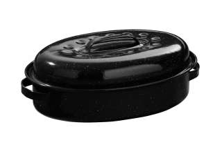CASSEROLE DISH BLACK ENAMEL OVAL SPECKLED ROASTING TRAY PAN TIN  