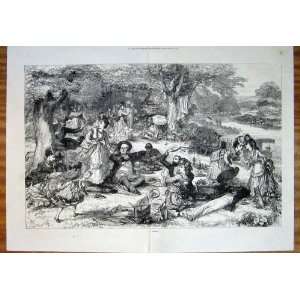 Picnic London River Park Fine Art 1871 Antique Print 