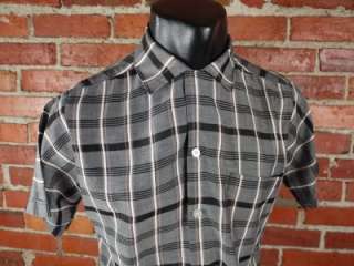 Mens M VTG 1950s NATIONAL Black Gray Plaid RAYON SS CROPPED Shirt 