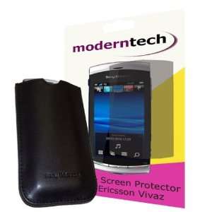 Genuine Black Leather Pouch for Sony Ericsson Vivaz with Modern Tech 