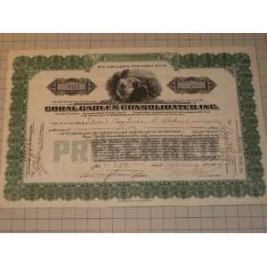  1927 Coral Gables Consolidated, Inc. Stock Certificate 
