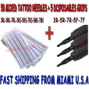  50 Mixed Tattoo Needles + 5 Disposable Grips USA Seller 