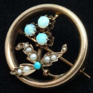 Antique 14k Yellow Gold Circle Pin w/ Seed Pearls & Opals Vintage 