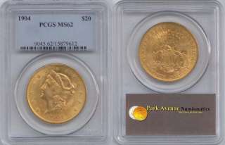 1904 $20 LIBERTY HEAD MS62 PCGS GOLD DOUBLE EAGLE COIN LQQK  