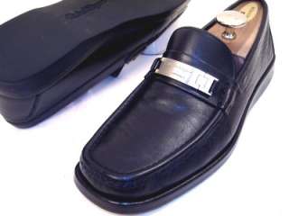   Ferragamo Mens Black Dress Shoes Silver Signature Logo Loafers 9 D