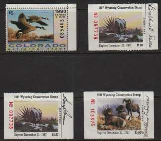 US Colorado & Wyoming Conservation Stamps 1987 1991 Signed  