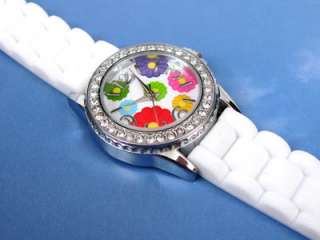 WHITE FLOWERS Dial Silicone Gel Rubber Crystal Bezel Womens WATCH 