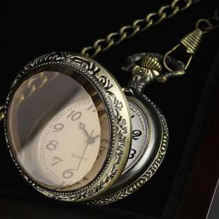 Classic Antique Brass Carved Amber Vintage Mens Quartz Pocket Watch 
