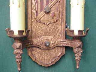 PAIR 1920 ARTS & CRAFTS SCONCES~ KNIGHTS ~ SHIELDS ~ CROWNS ~ RE WIRED 