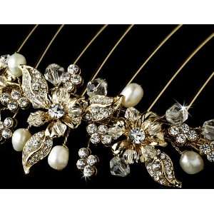   Gold Floral Bridal Hair Comb Rhinestones & Swarovski Crystals Jewelry